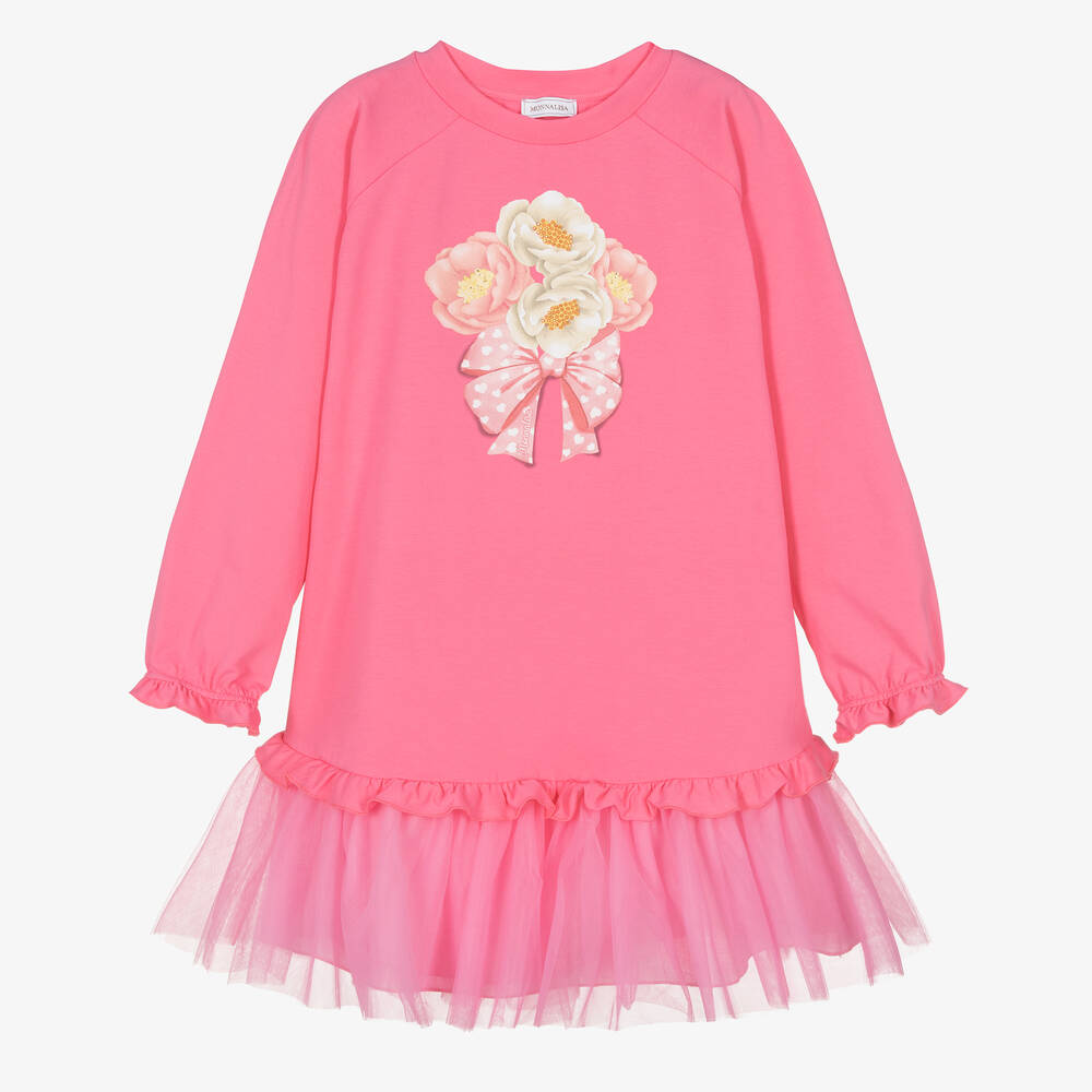 Monnalisa - Rosa Teen Baumwollkleid mit Blumen | Childrensalon