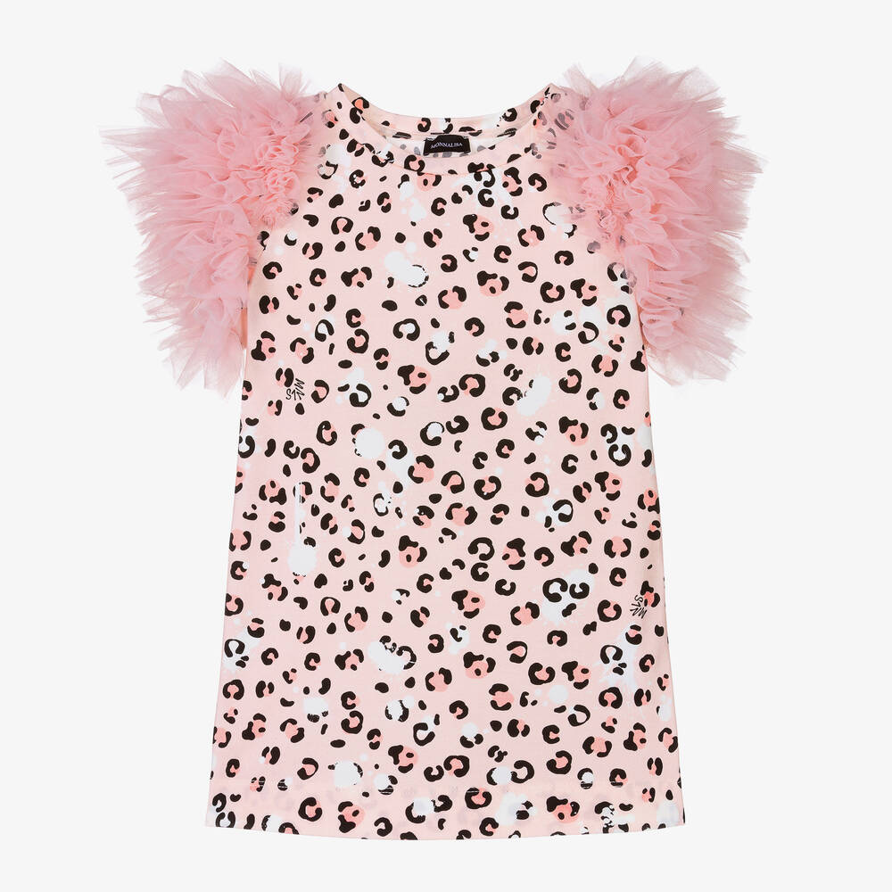 Monnalisa - Розовая хлопковая футболка с рюшами из тюля | Childrensalon