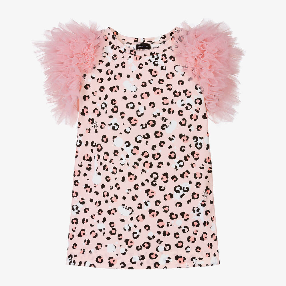 Monnalisa-Розовая хлопковая футболка с рюшами из тюля | Childrensalon Outlet