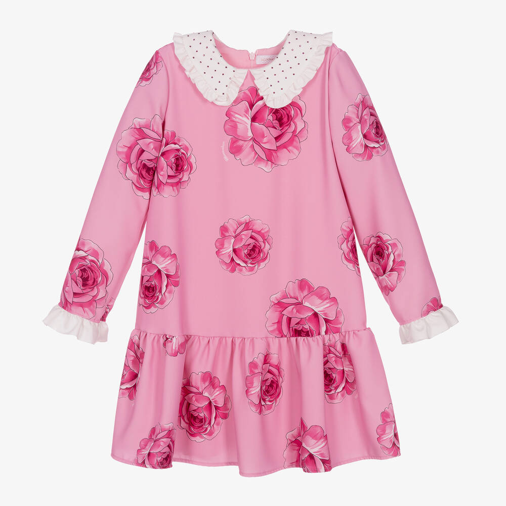Monnalisa Chic - Teen Girls Pink Crêpe Rose Print Dress | Childrensalon