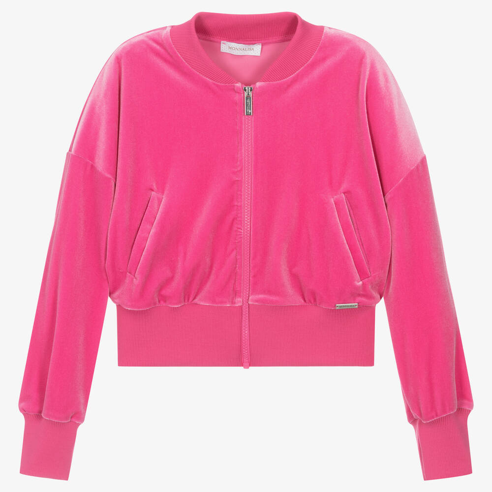 Monnalisa Chic - Teen Girls Pink Cropped Velour Zip-Up Top | Childrensalon