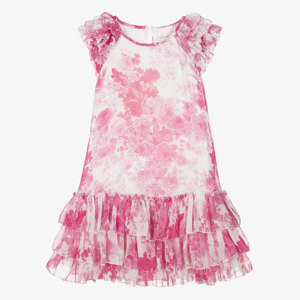 Monnalisa Chic-فستان شيفون لون زهري وأبيض بطبعة ورود | Childrensalon Outlet