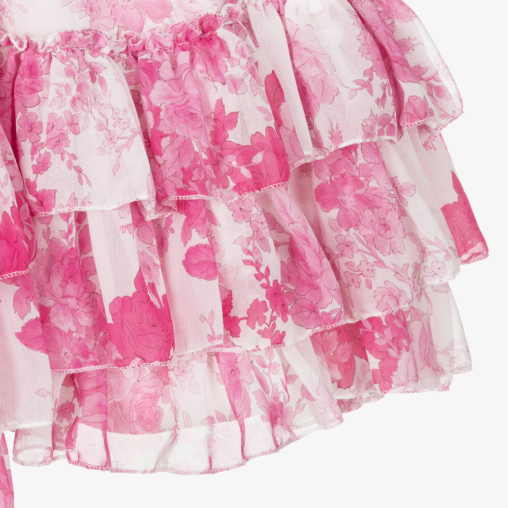 Monnalisa Chic-فستان شيفون لون زهري وأبيض بطبعة ورود | Childrensalon Outlet