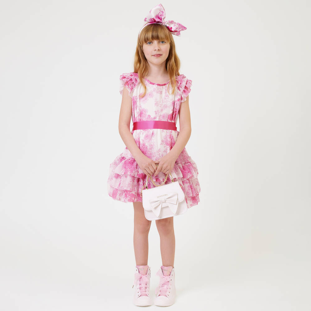 Monnalisa Chic-فستان شيفون لون زهري وأبيض بطبعة ورود | Childrensalon Outlet