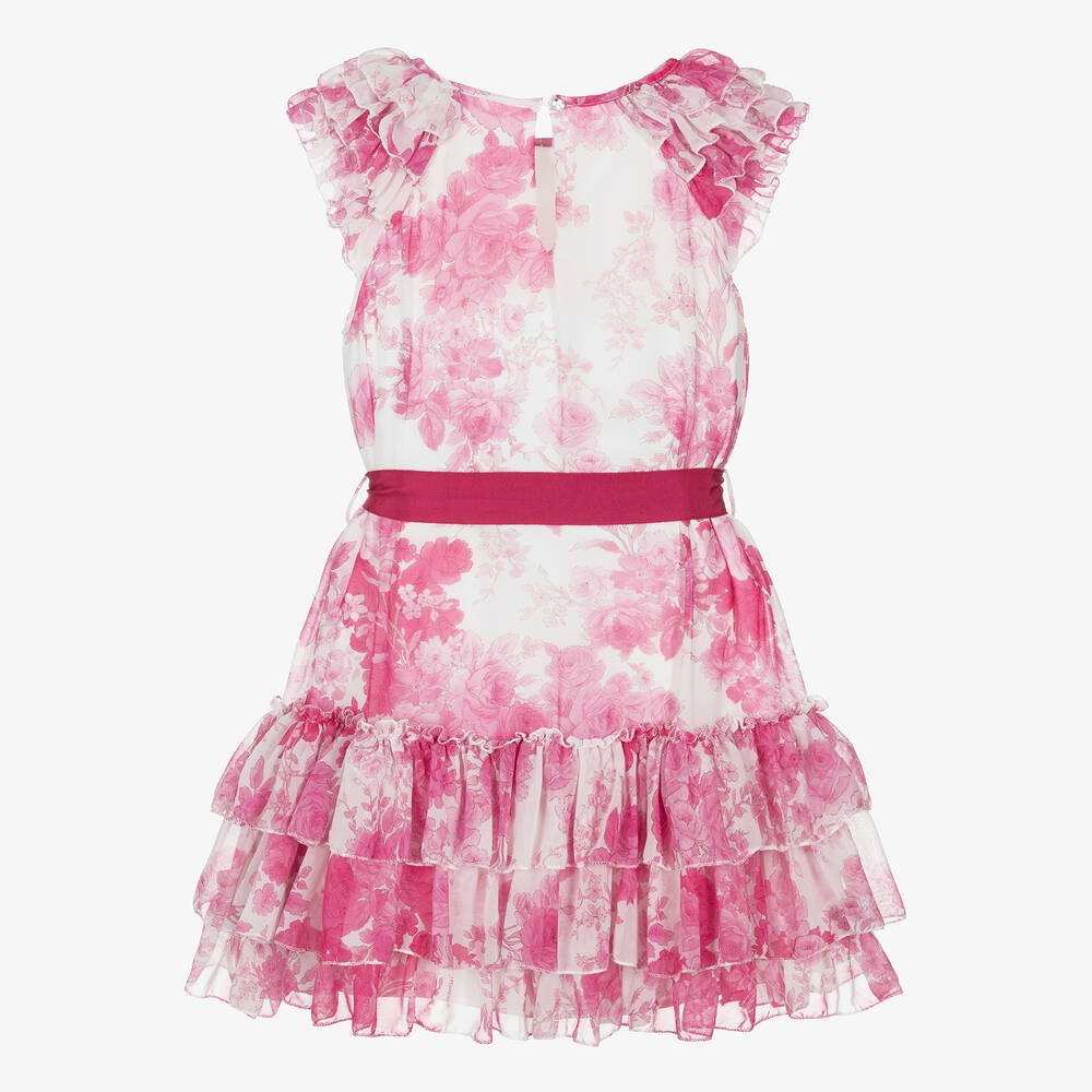 Monnalisa Chic-فستان شيفون لون زهري وأبيض بطبعة ورود | Childrensalon Outlet