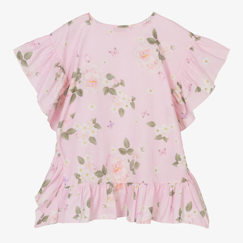 Monnalisa-Teen Girls Pink Floral Cotton Kaftan | Childrensalon Outlet