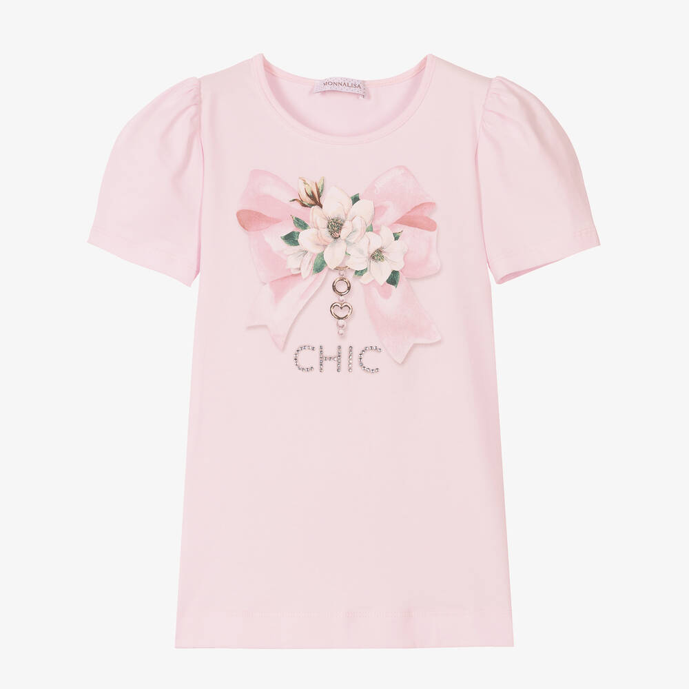 Monnalisa - Teen Girls Pink Floral Diamanté T-Shirt | Childrensalon