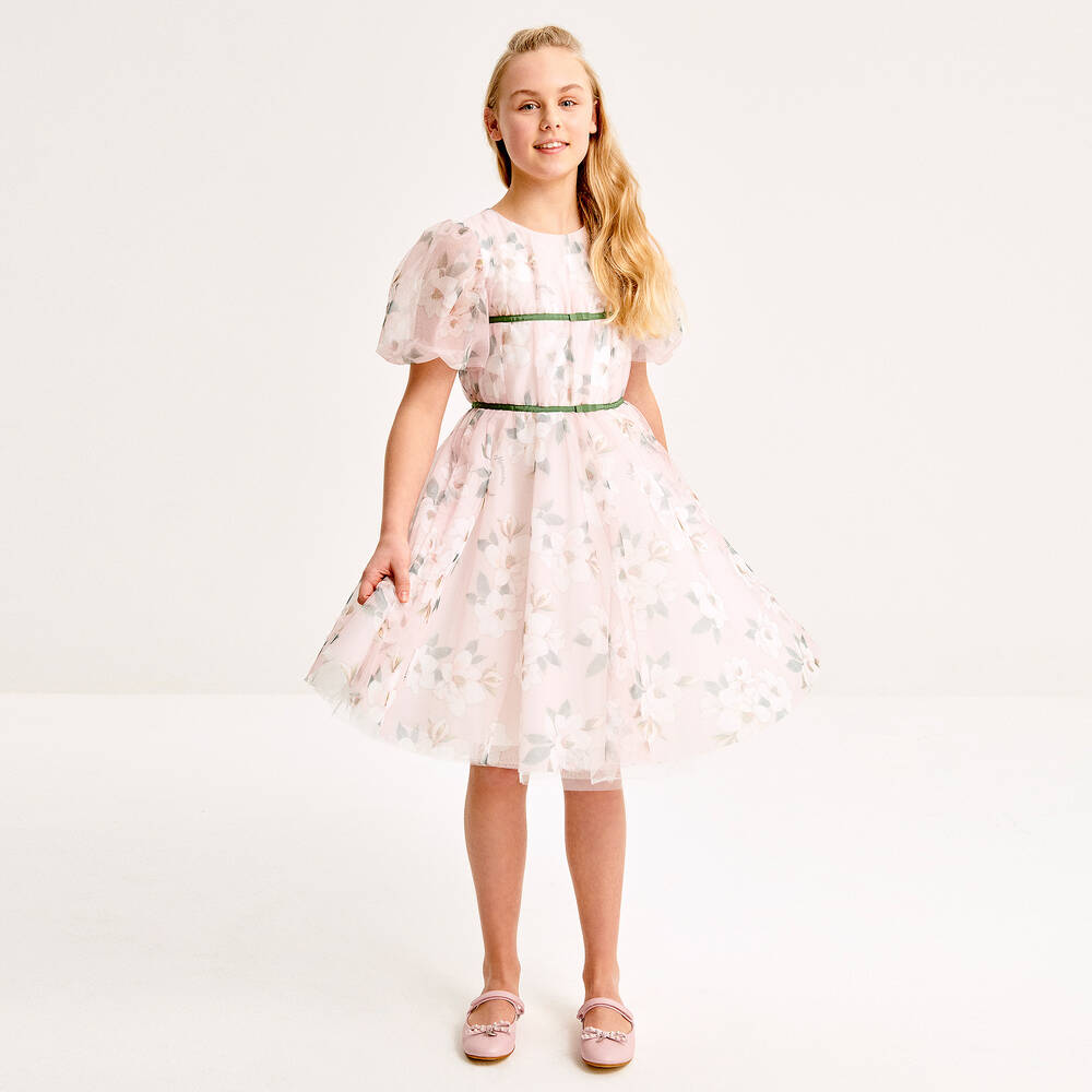 Monnalisa Chic - Teen Girls Pink Floral Tulle Dress | Childrensalon