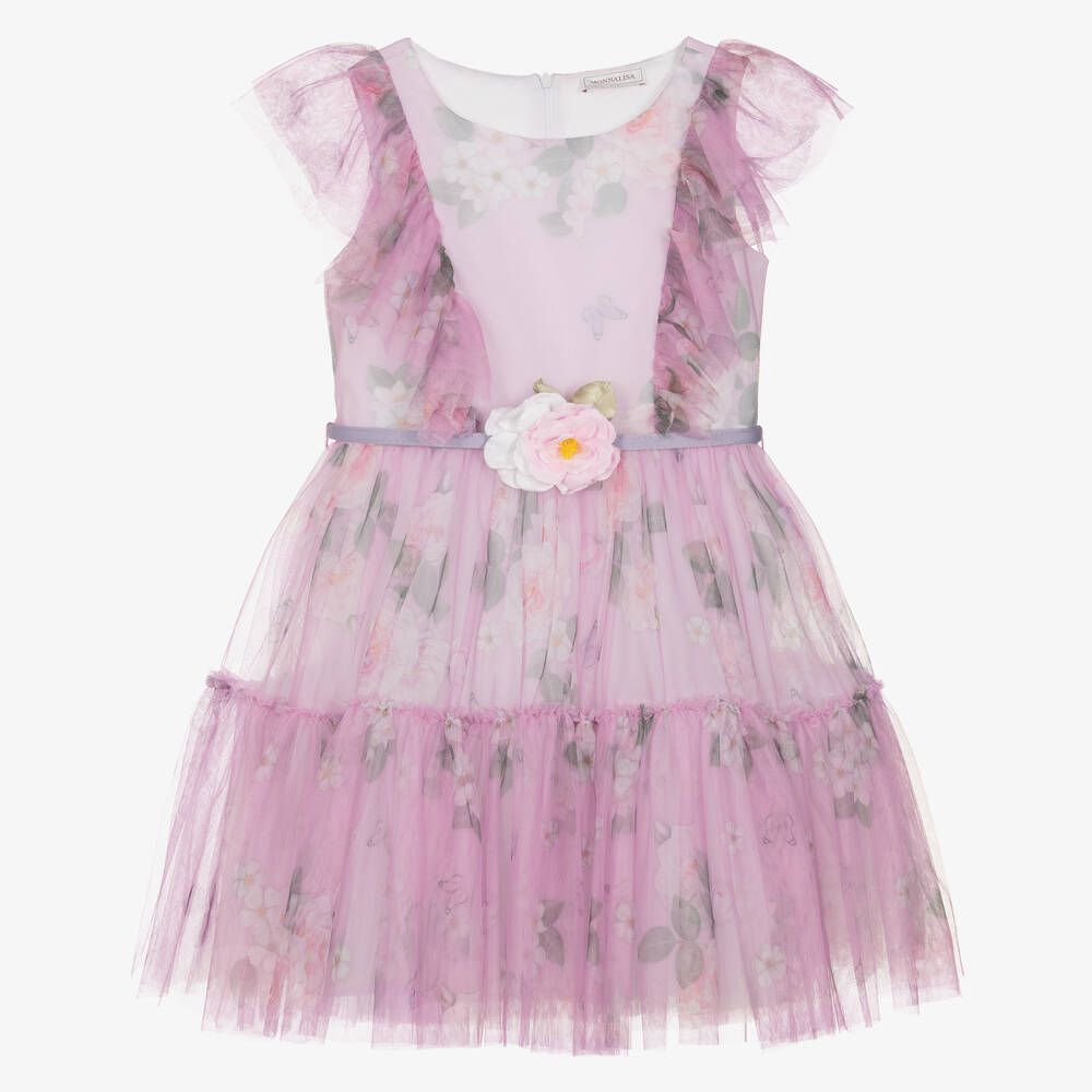 Monnalisa-Teen Girls Pink Floral Tulle Dress | Childrensalon Outlet