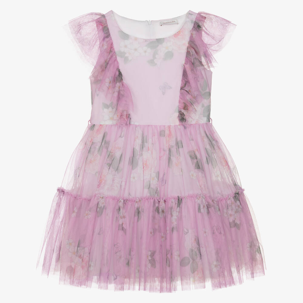 Monnalisa-فستان تول لون زهري بطبعة ورود للمراهقات | Childrensalon Outlet