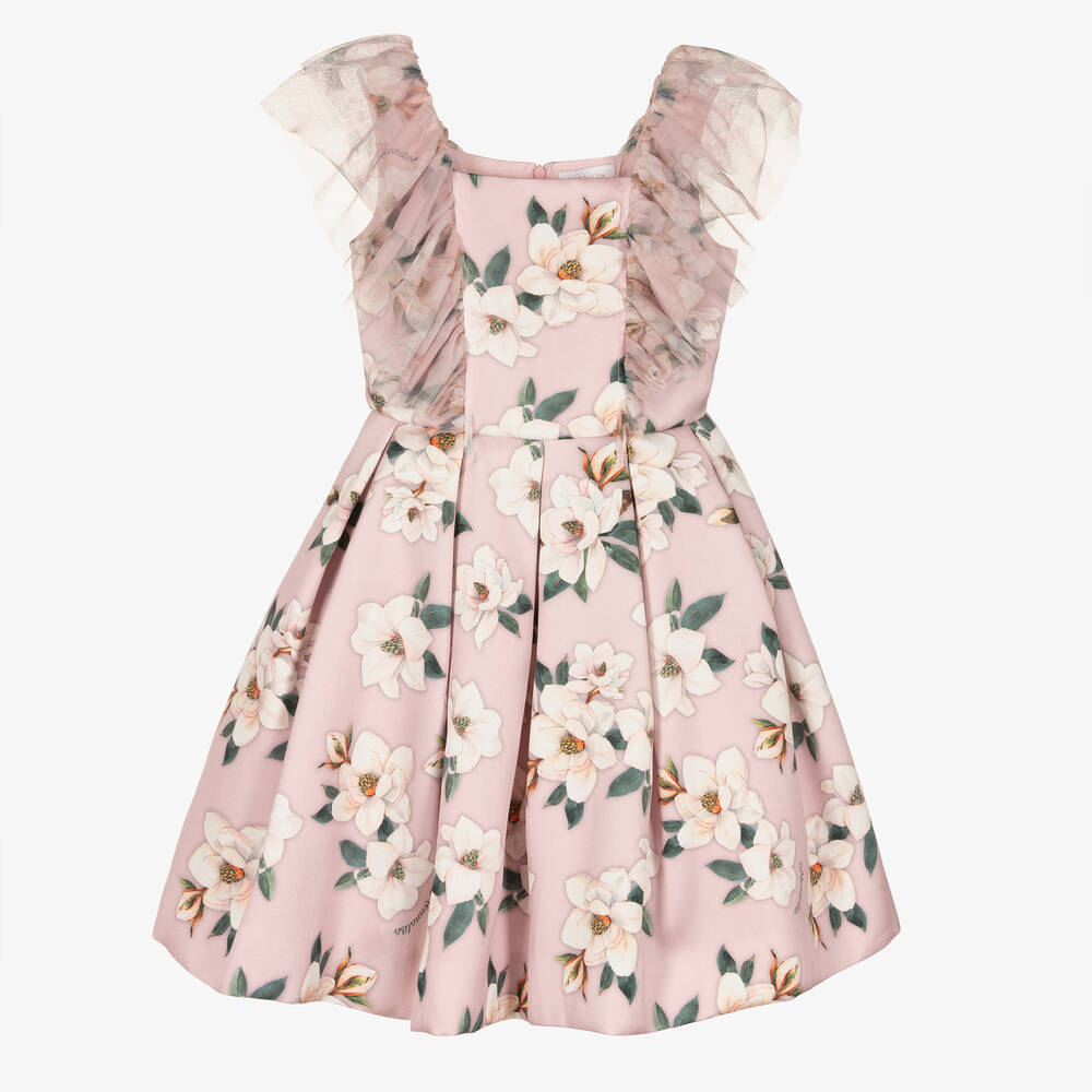 Monnalisa Шик-Розовое платье из тюля с цветами и рюшами | Childrensalon Outlet