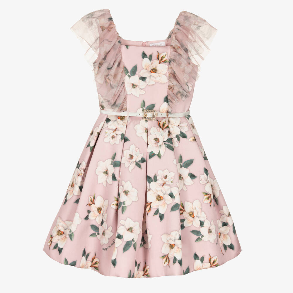 Monnalisa Chic - Розовое платье из тюля с цветами и рюшами | Childrensalon