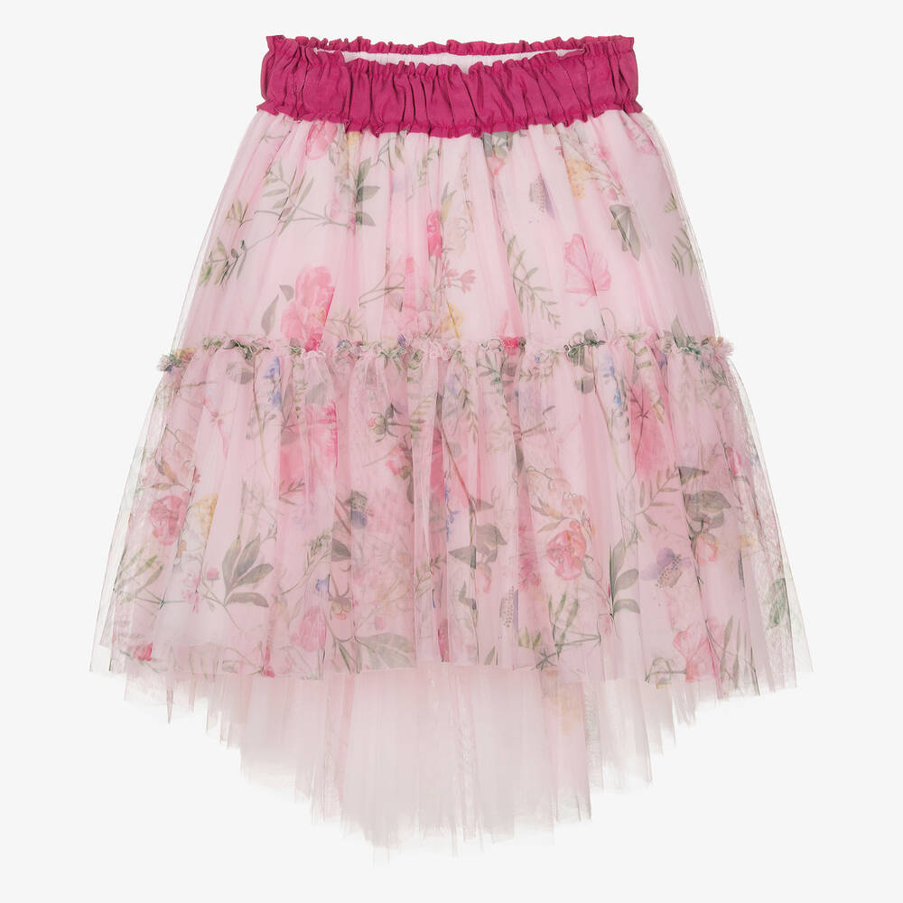 Monnalisa-Teen Girls Pink Floral Tulle Skirt | Childrensalon Outlet