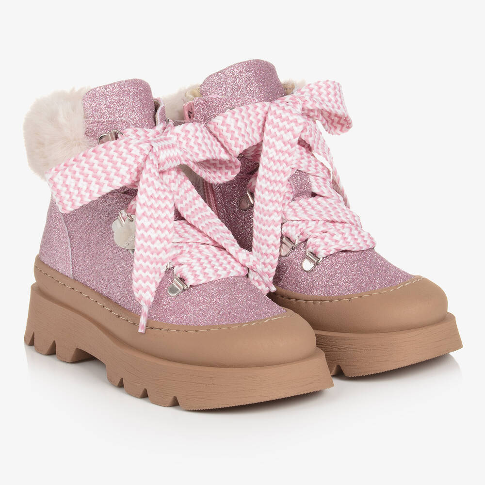 Monnalisa - Teen Girls Pink Glitter & Faux Fur Boots | Childrensalon