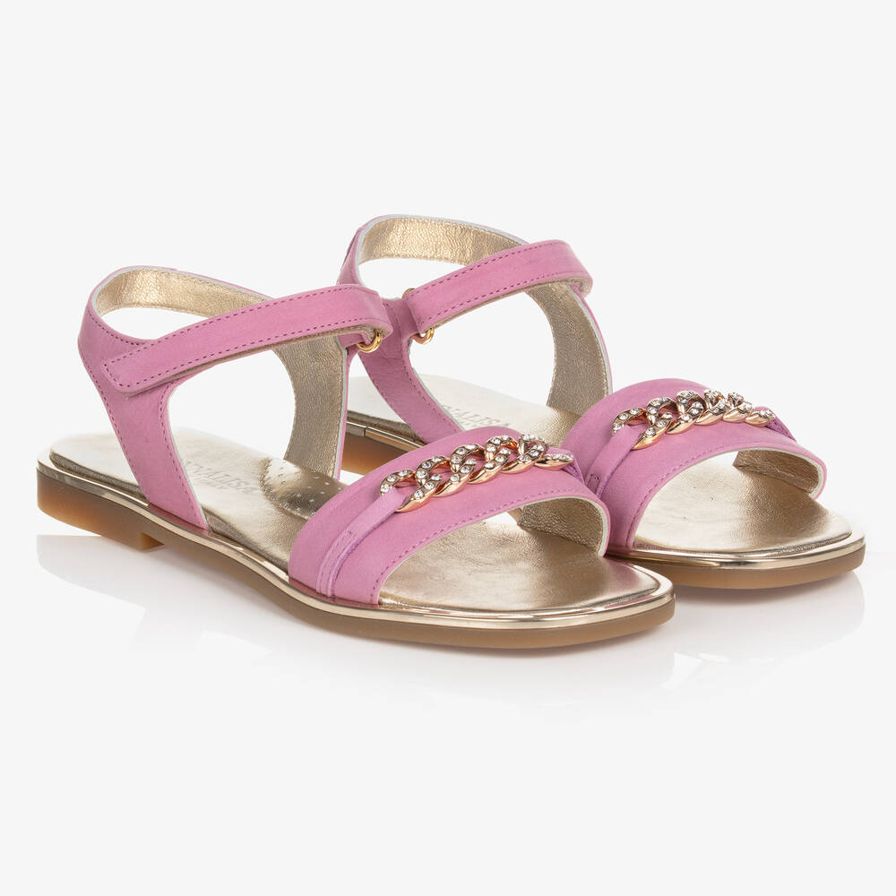 Monnalisa - Розовые кожаные сандалии с золотистыми цепочками | Childrensalon