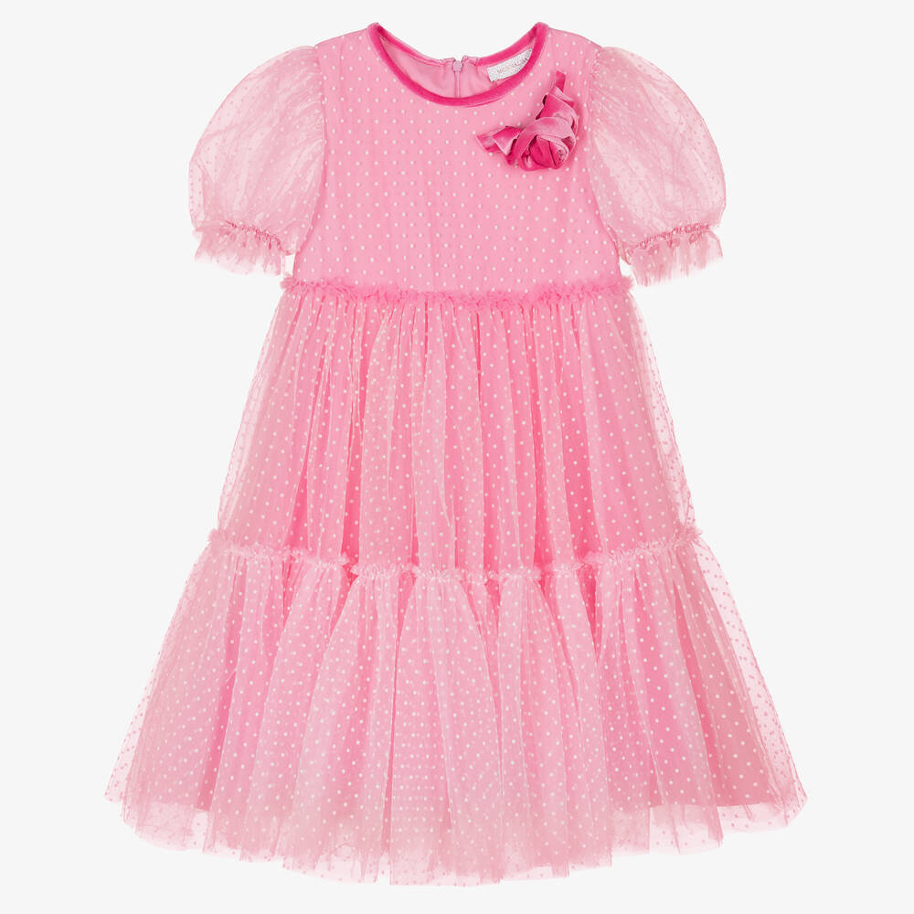 Monnalisa Chic-Teen Girls Pink Polka Dot Tulle Dress | Childrensalon Outlet
