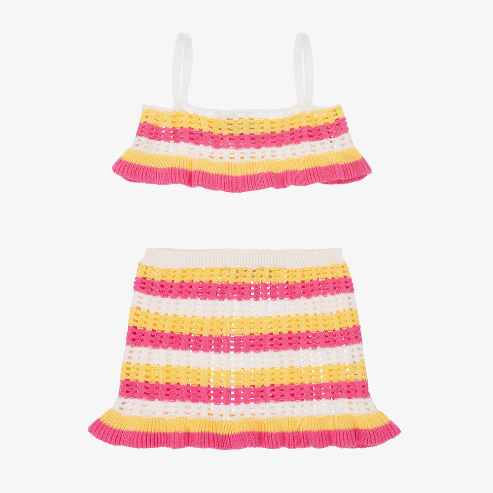 Monnalisa-Teen Girls Pink Striped Crochet Skirt Set | Childrensalon Outlet