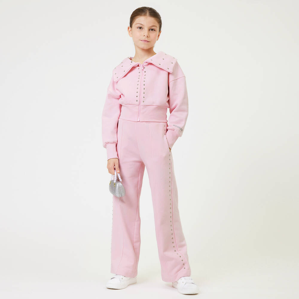 Monnalisa-Teen Girls Pink Studded Cotton Zip-Up Top | Childrensalon Outlet