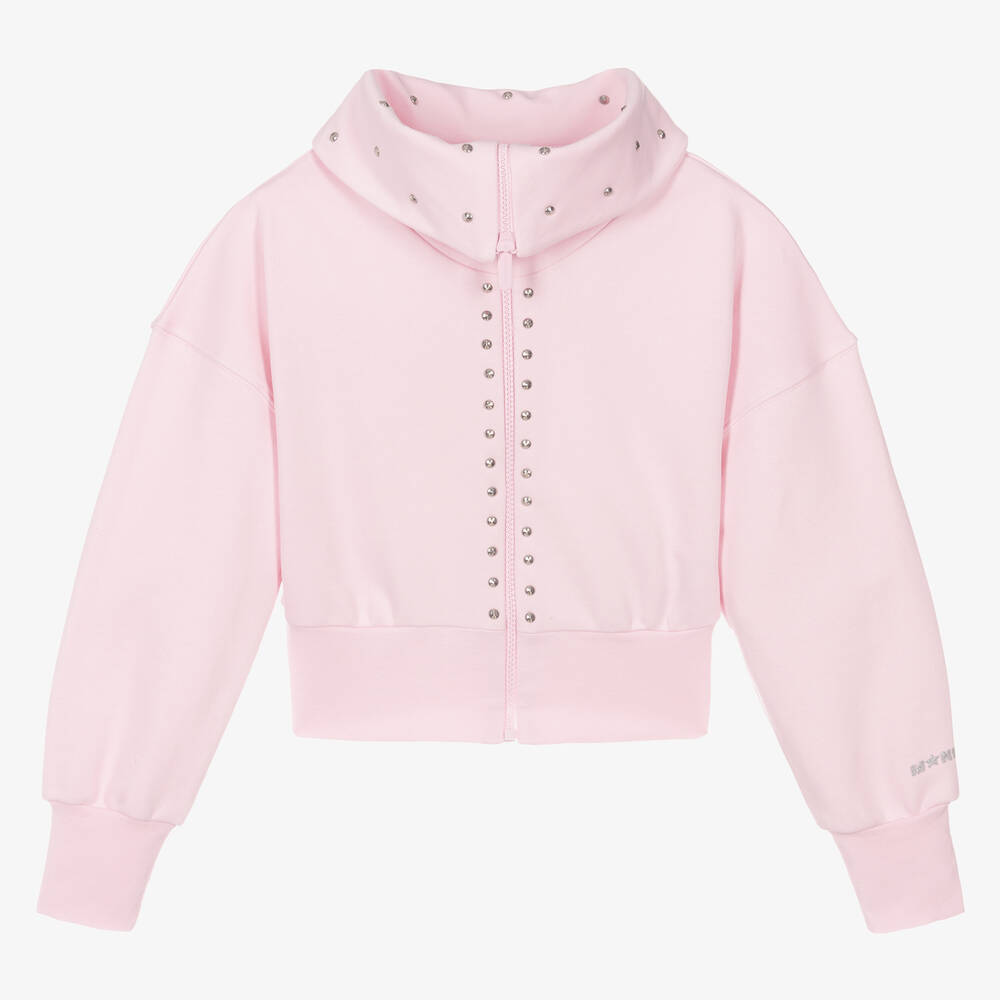 Monnalisa-Teen Girls Pink Studded Cotton Zip-Up Top | Childrensalon Outlet