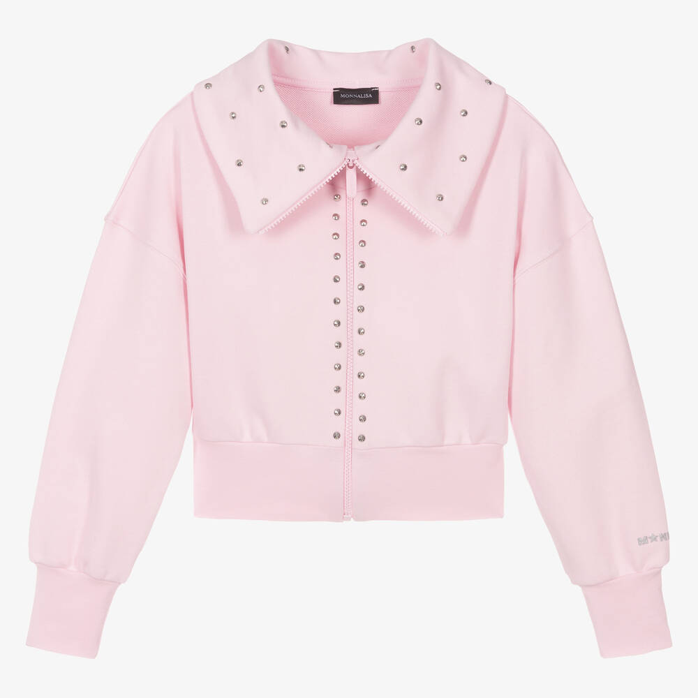 Monnalisa-Teen Girls Pink Studded Cotton Zip-Up Top | Childrensalon Outlet
