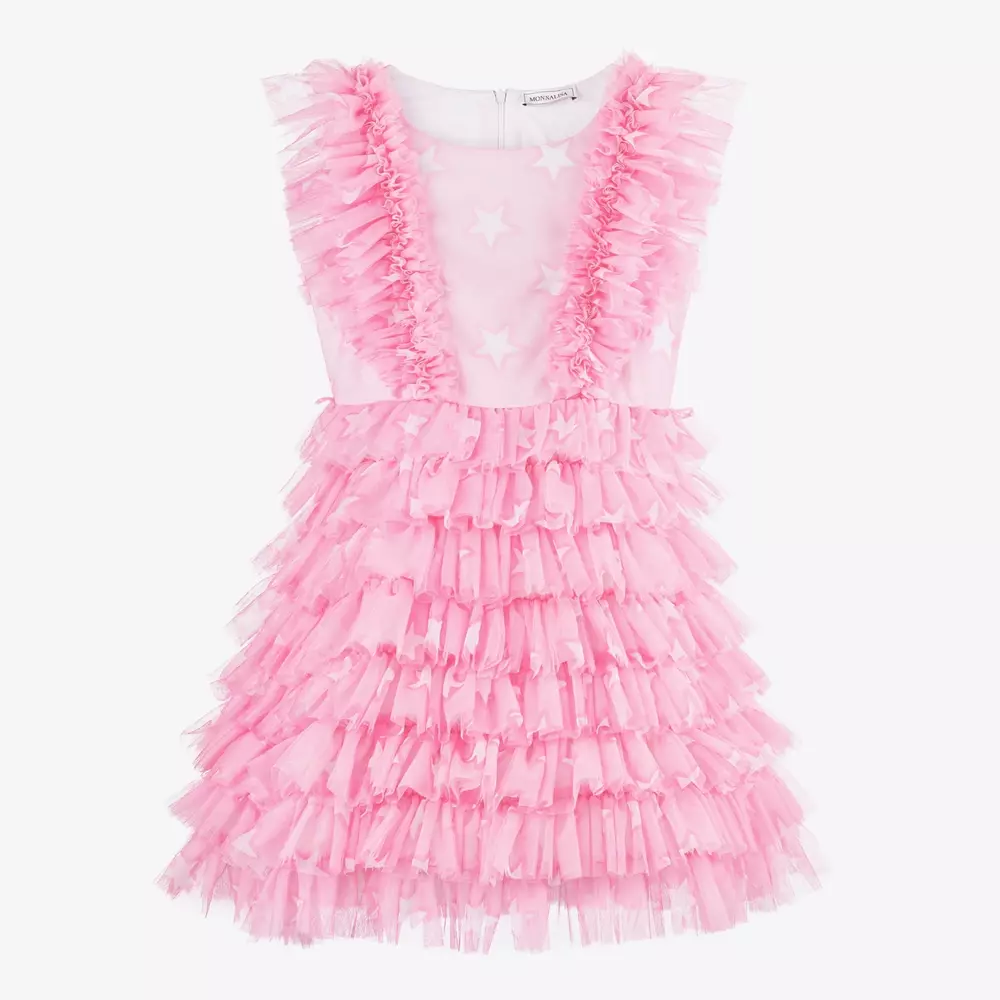 Monnalisa-فستان تول لون زهري مزين بكشكش للمراهقات | Childrensalon Outlet