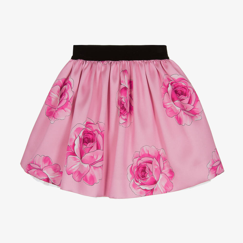 Monnalisa Chic - Teen Girls Pink Twill Rose Print Skirt | Childrensalon