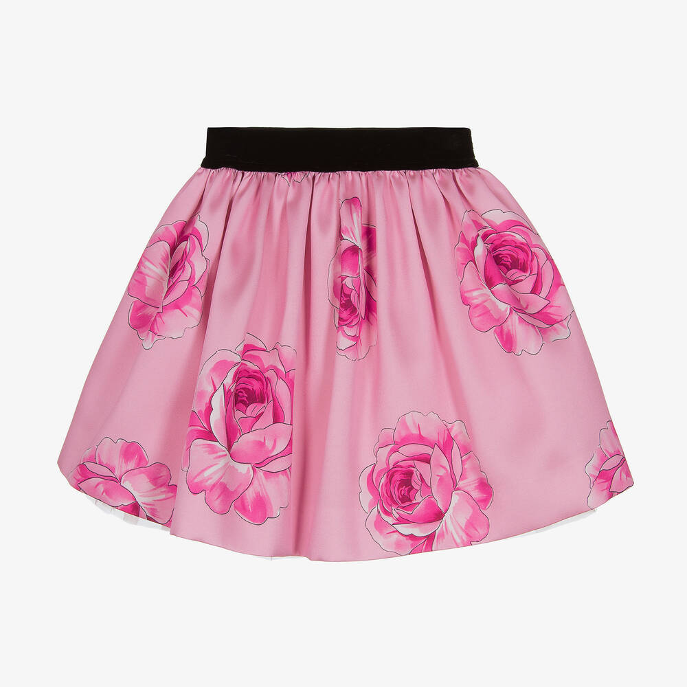 Monnalisa Chic - Jupe rose en sergé à imprimé roses | Childrensalon