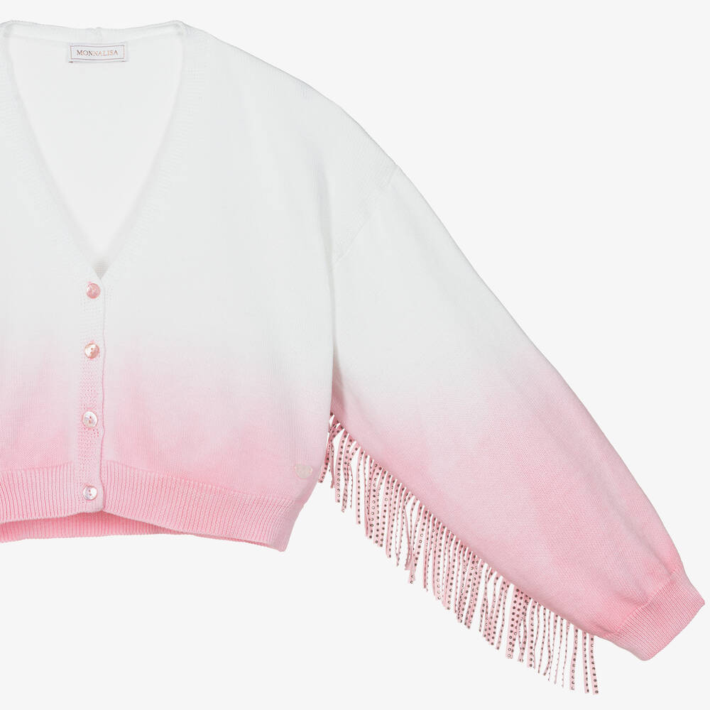 Monnalisa-Teen Girls Pink & White Fringed Cardigan | Childrensalon Outlet
