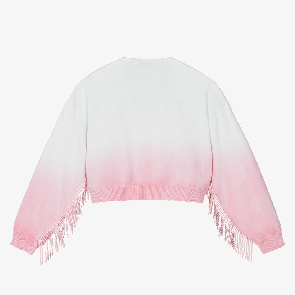 Monnalisa-Teen Girls Pink & White Fringed Cardigan | Childrensalon Outlet