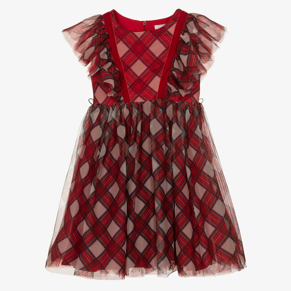 Monnalisa-فستان تينز بناتي تول كاروهات لون أحمر | Childrensalon Outlet