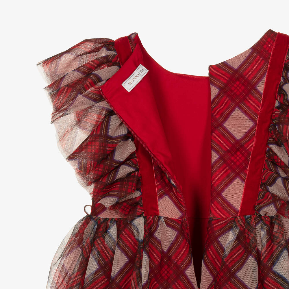 Monnalisa-فستان تينز بناتي تول كاروهات لون أحمر | Childrensalon Outlet