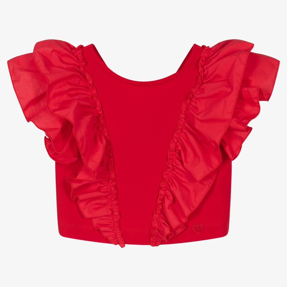 Monnalisa-Teen Girls Red Cropped Ruffle T-Shirt | Childrensalon Outlet