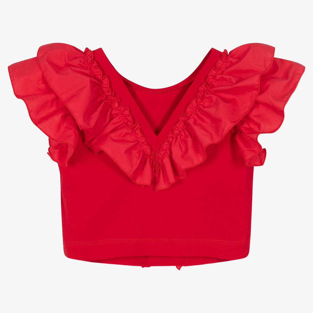 Monnalisa-Красная укороченная футболка с рюшами | Childrensalon Outlet