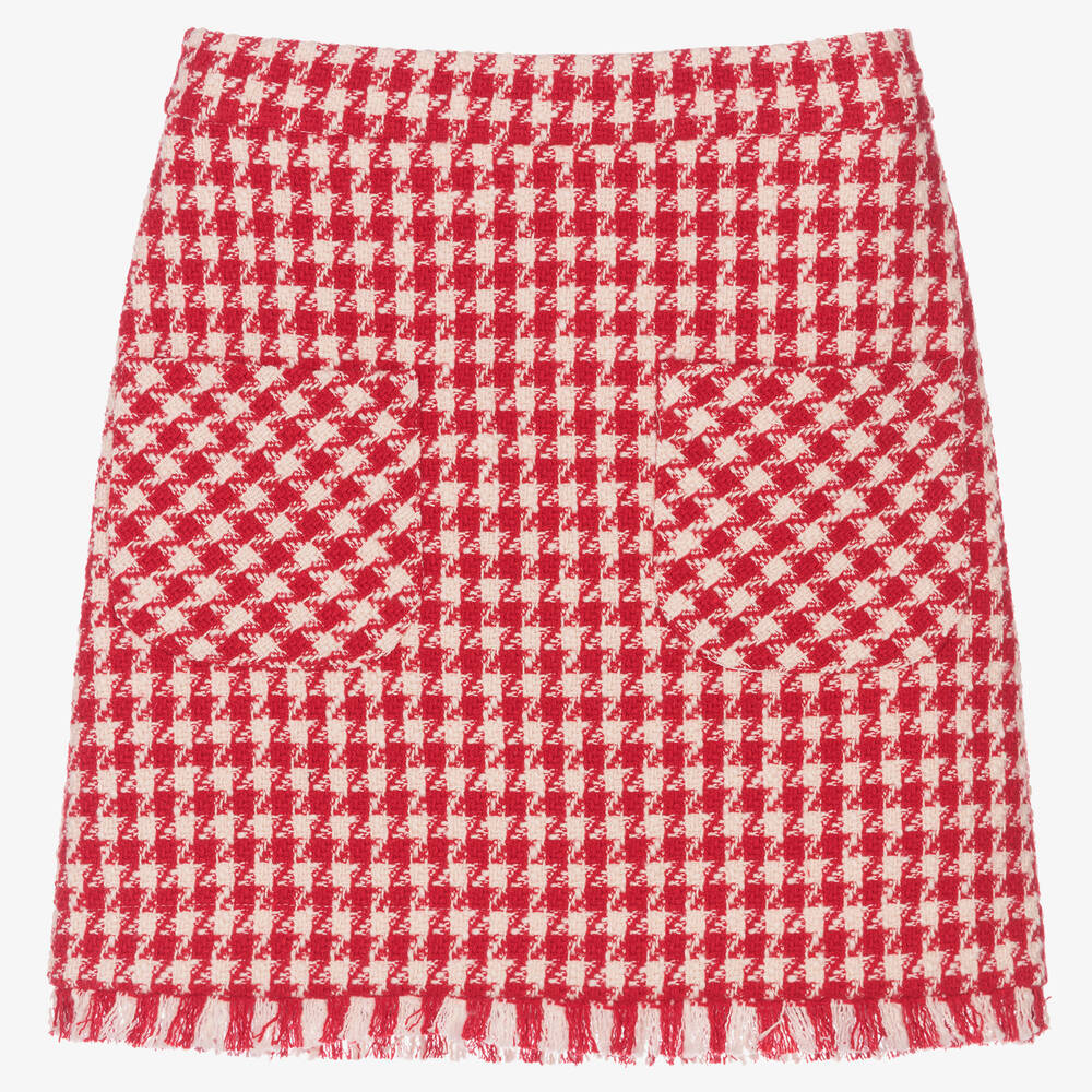 Monnalisa-Teen Girls Red Houndstooth Tweed Skirt | Childrensalon Outlet