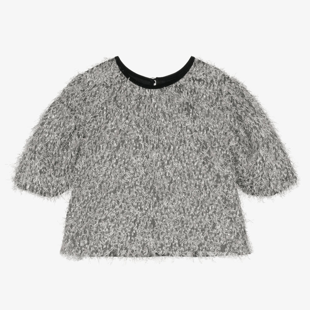Monnalisa Chic - Серебристая футболка из люрекса с бахромой | Childrensalon