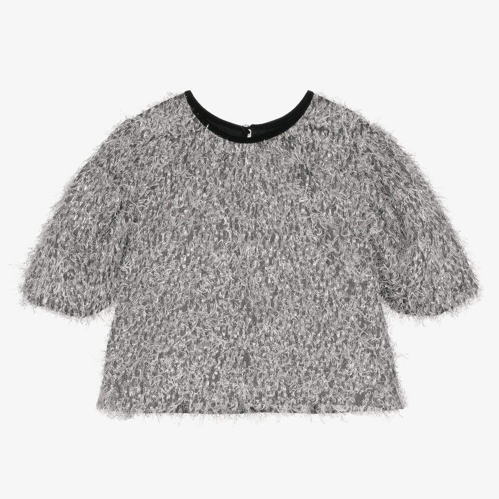 Monnalisa Шик-Серебристая футболка из люрекса с бахромой | Childrensalon Outlet