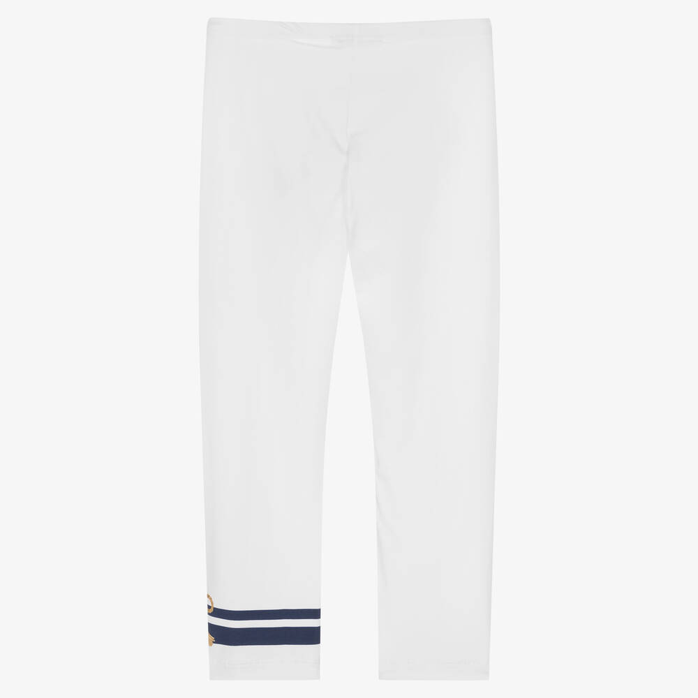Monnalisa-Teen Girls White & Blue Cotton Leggings | Childrensalon Outlet