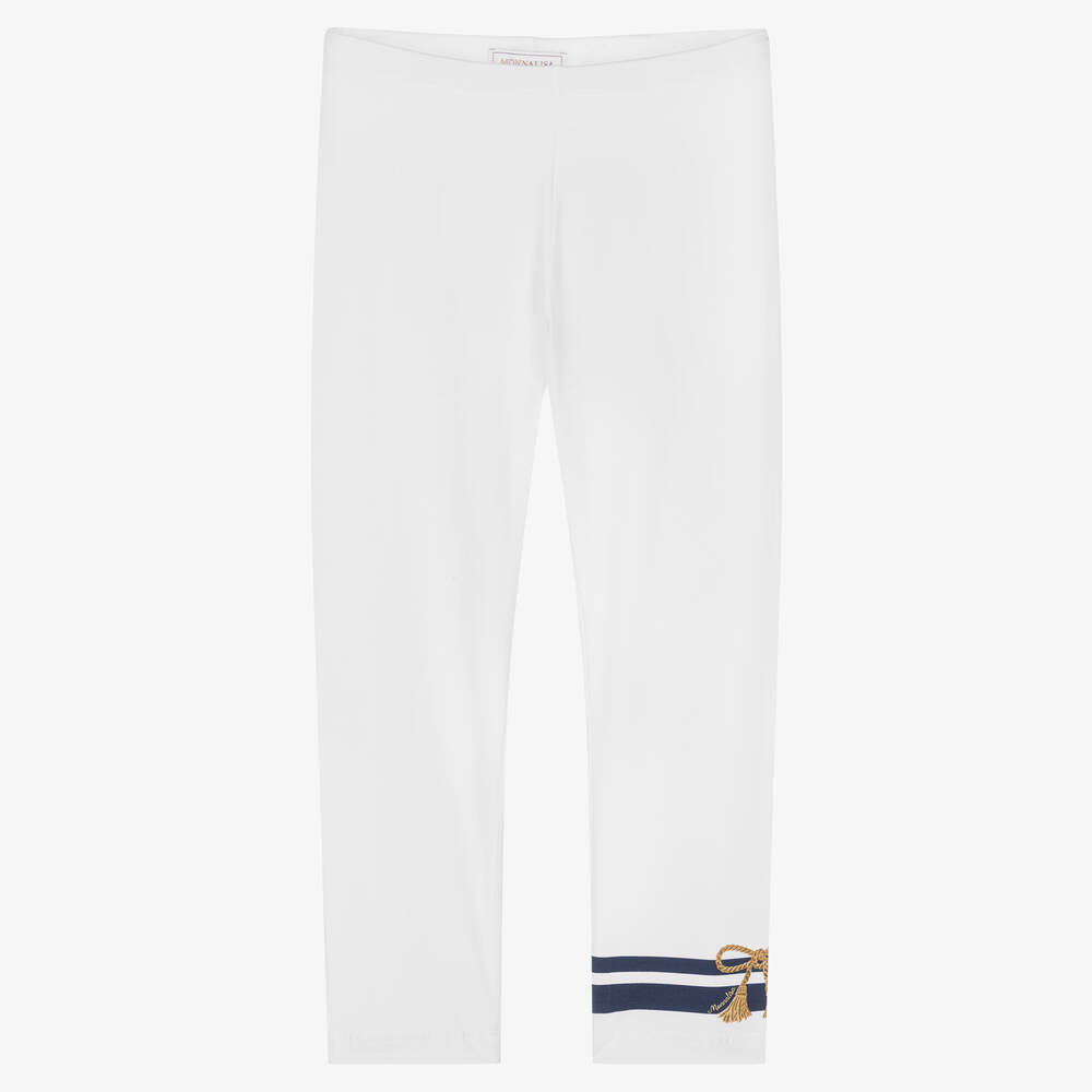 Monnalisa - Teen Girls White & Blue Cotton Leggings | Childrensalon