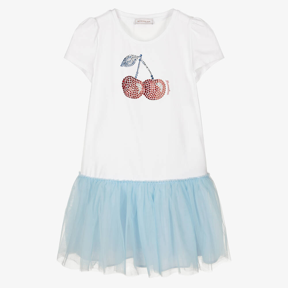 Monnalisa - Teen Girls White & Blue Tulle Cherry Dress | Childrensalon