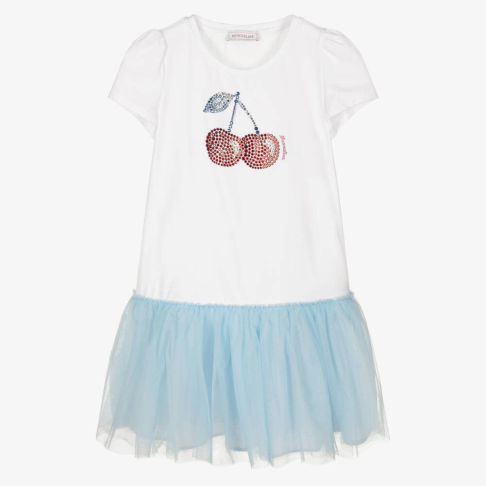 Monnalisa-Teen Girls White & Blue Tulle Cherry Dress | Childrensalon Outlet