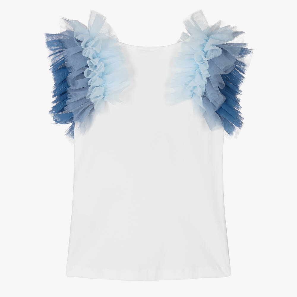 Monnalisa-Teen Girls White & Blue Tulle T-Shirt | Childrensalon Outlet