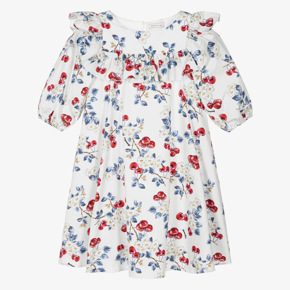 Monnalisa - Teen Girls White Cherry Print Cotton Dress  | Childrensalon