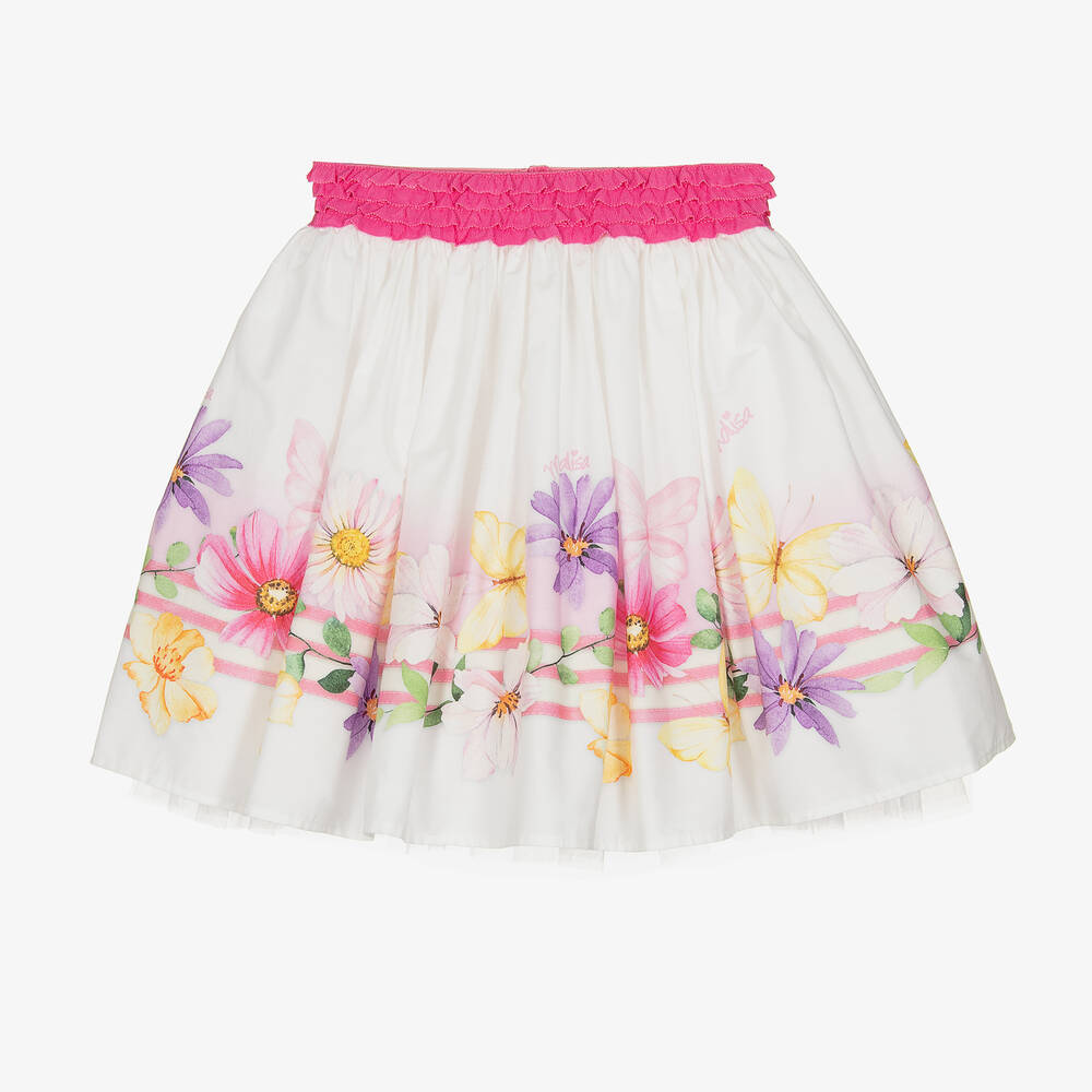 Monnalisa - Teen Girls White Cotton Floral Skirt | Childrensalon