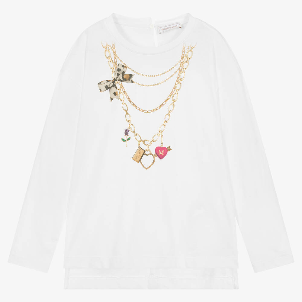 Monnalisa - Teen Girls White Cotton Gold Necklace Top | Childrensalon