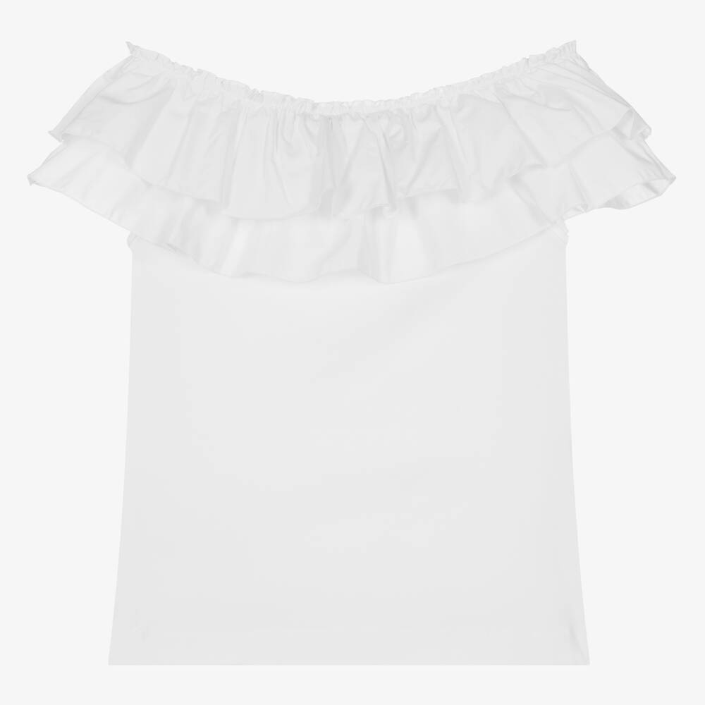 Monnalisa-Teen Girls White Cotton Ruffle T-Shirt | Childrensalon Outlet