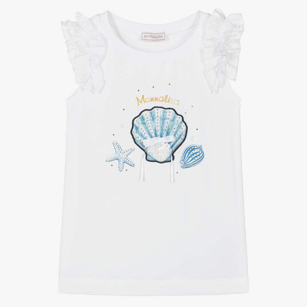 Monnalisa-Teen Girls White Cotton Shell T-Shirt | Childrensalon Outlet