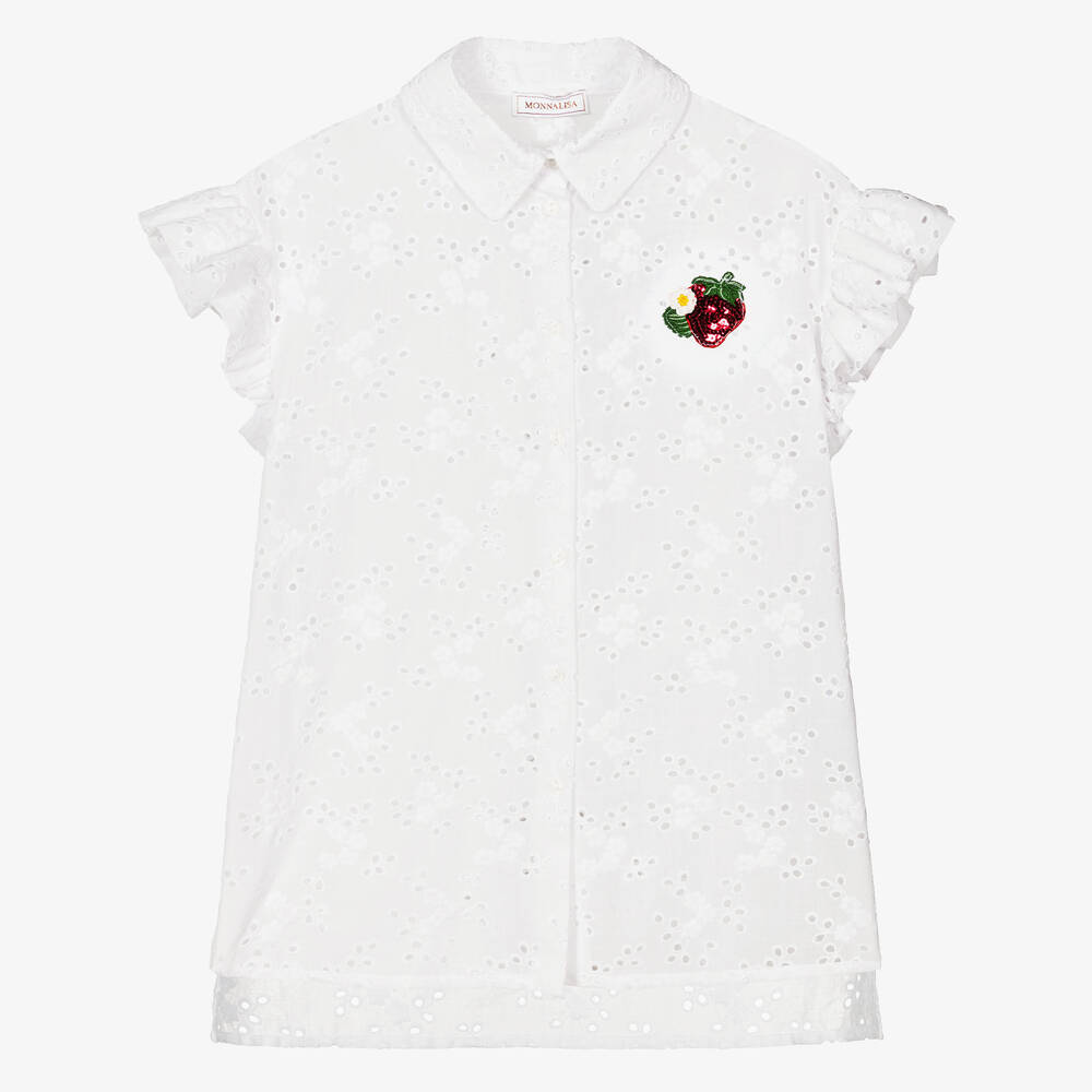 Monnalisa-Teen Girls White Cotton Strawberry Blouse | Childrensalon Outlet