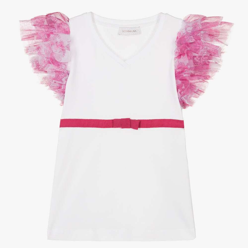 Monnalisa Chic-Teen Girls White Cotton & Tulle T-Shirt | Childrensalon Outlet