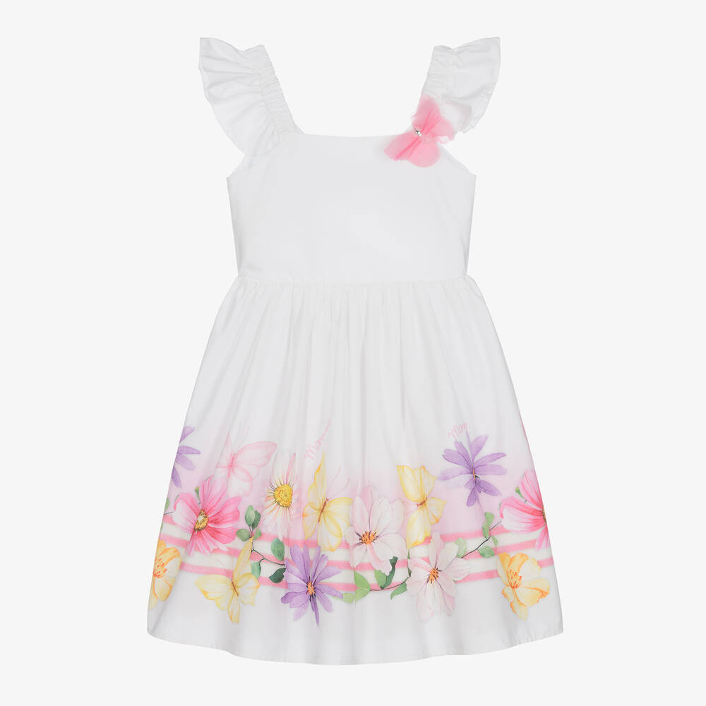 Monnalisa - Weißes Teen Baumwoll-Blumenkleid | Childrensalon