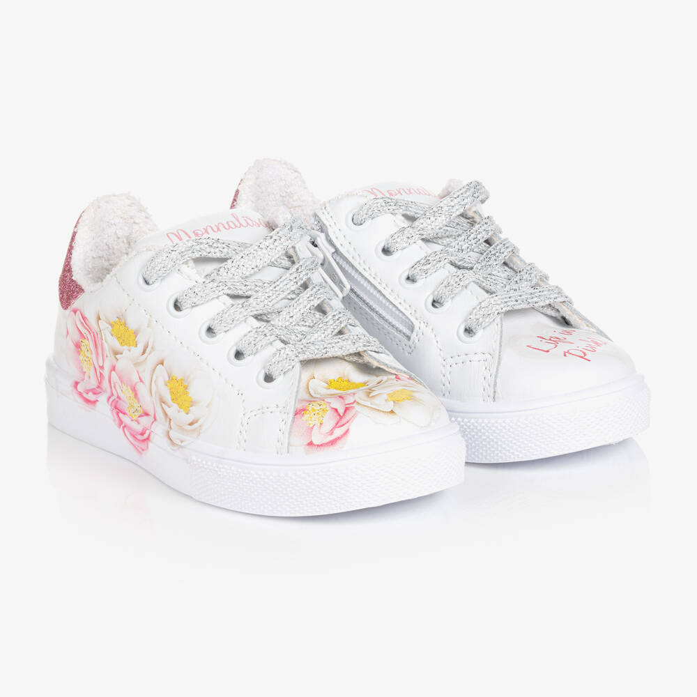 Monnalisa - Teen Girls White Floral Leather Trainers | Childrensalon